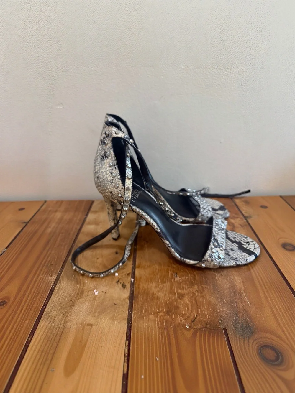 Vince Camuto Crystal-Embellished Silver Snake-Print Ankle-Strap Heel